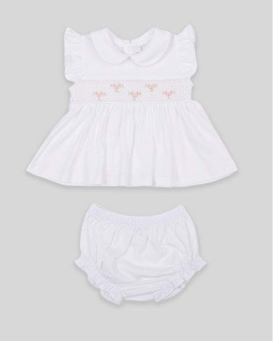 Mini Dress Set Zuzzel Baby Girl Pima Cotton Hand Smocked - White/Pink