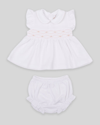 Mini Dress Set Emma Baby Girl Special Knit Pima Cotton Hand Smocked - White