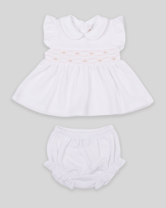 Mini Dress Set Emma Baby Girl Special Knit Pima Cotton Hand Smocked - White