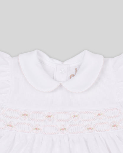 Mini Dress Set Emma Baby Girl Special Knit Pima Cotton Hand Smocked - White
